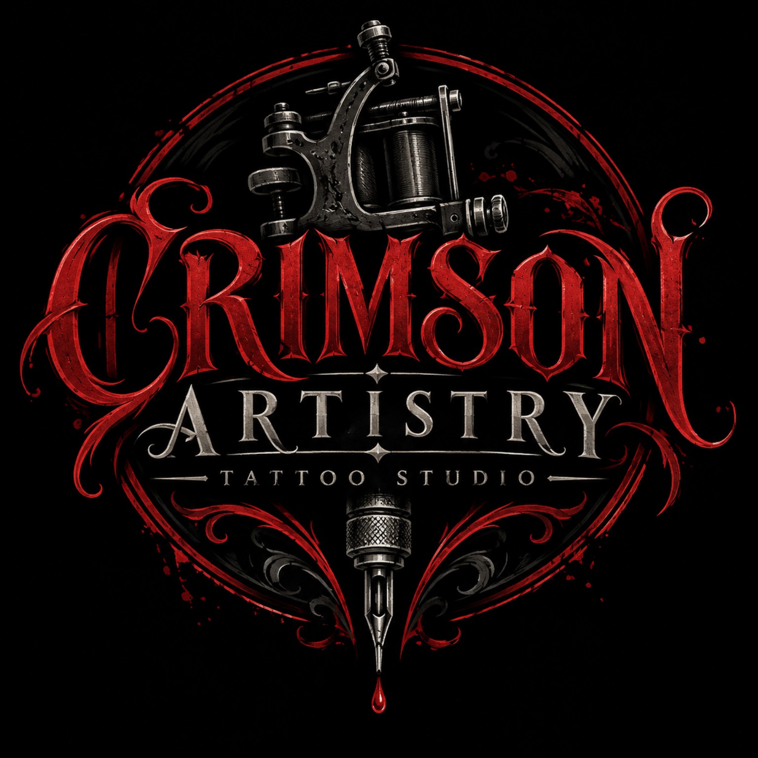 Crimson Artistry Tattoo Studio logo with tattoo machine