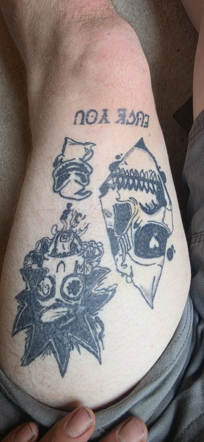 Blackwork cartoon collage tattoo